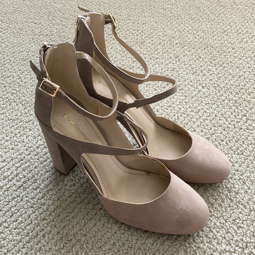 BCBGeneration Nude Ankle Block Heels Size 9 Seude Style Double Strap Strappy